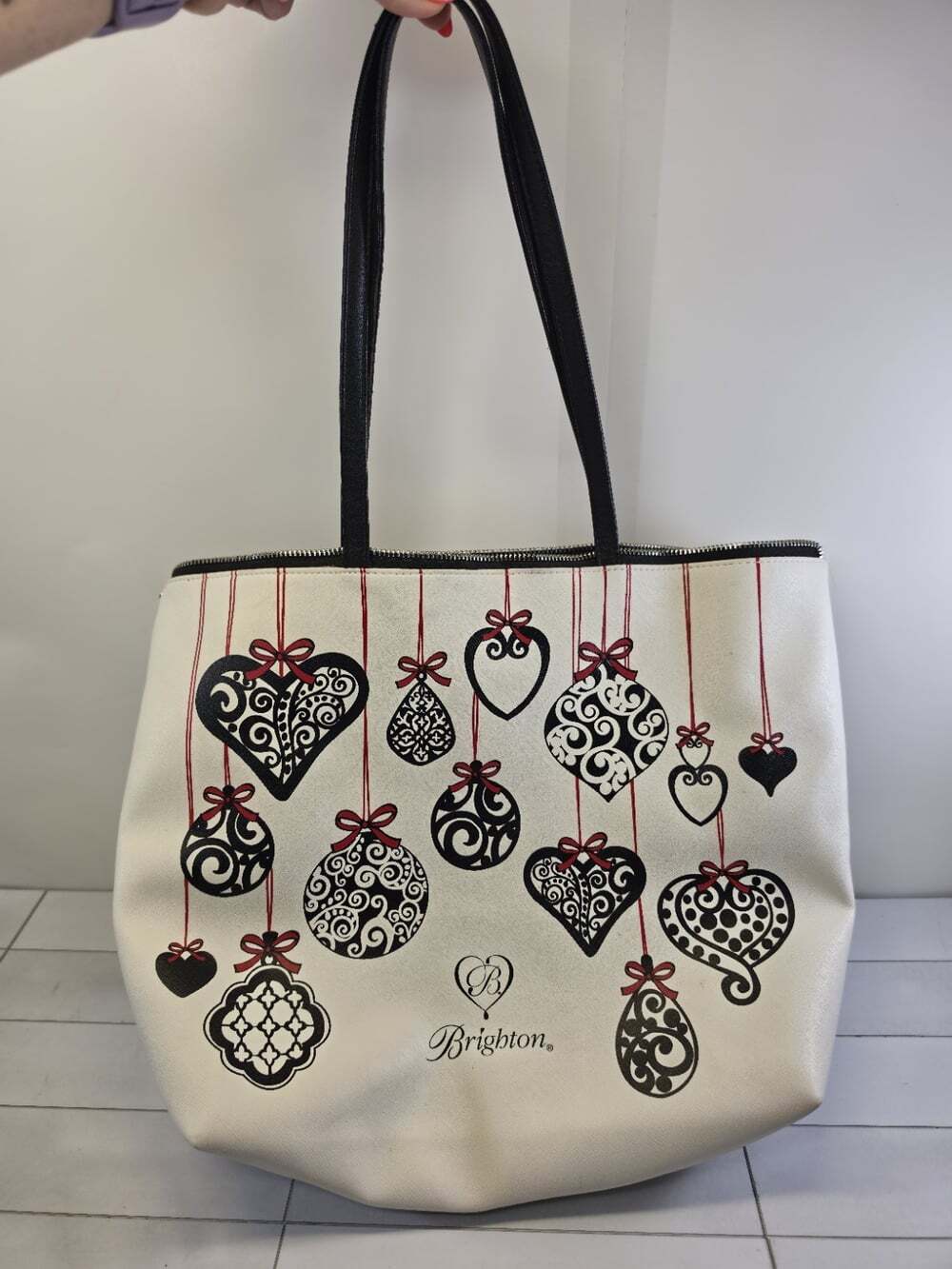 Brighton Holiday Ornament Heart Tote Bag White Black Red Peace Love Joy Happy